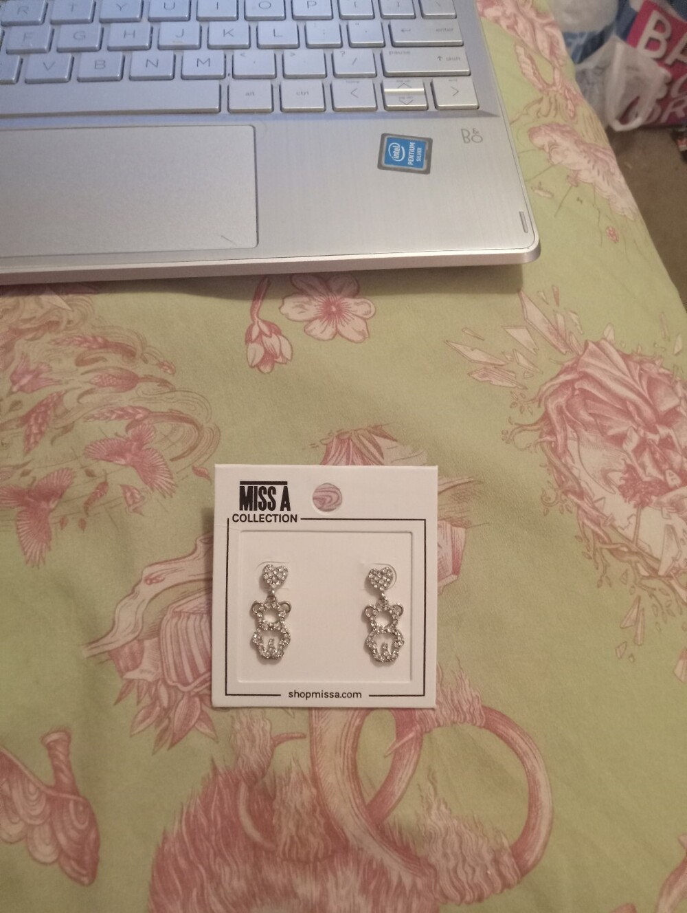 NWOT Women's Silver Plated Rhinestone Teddy Bear Dangle Earrings